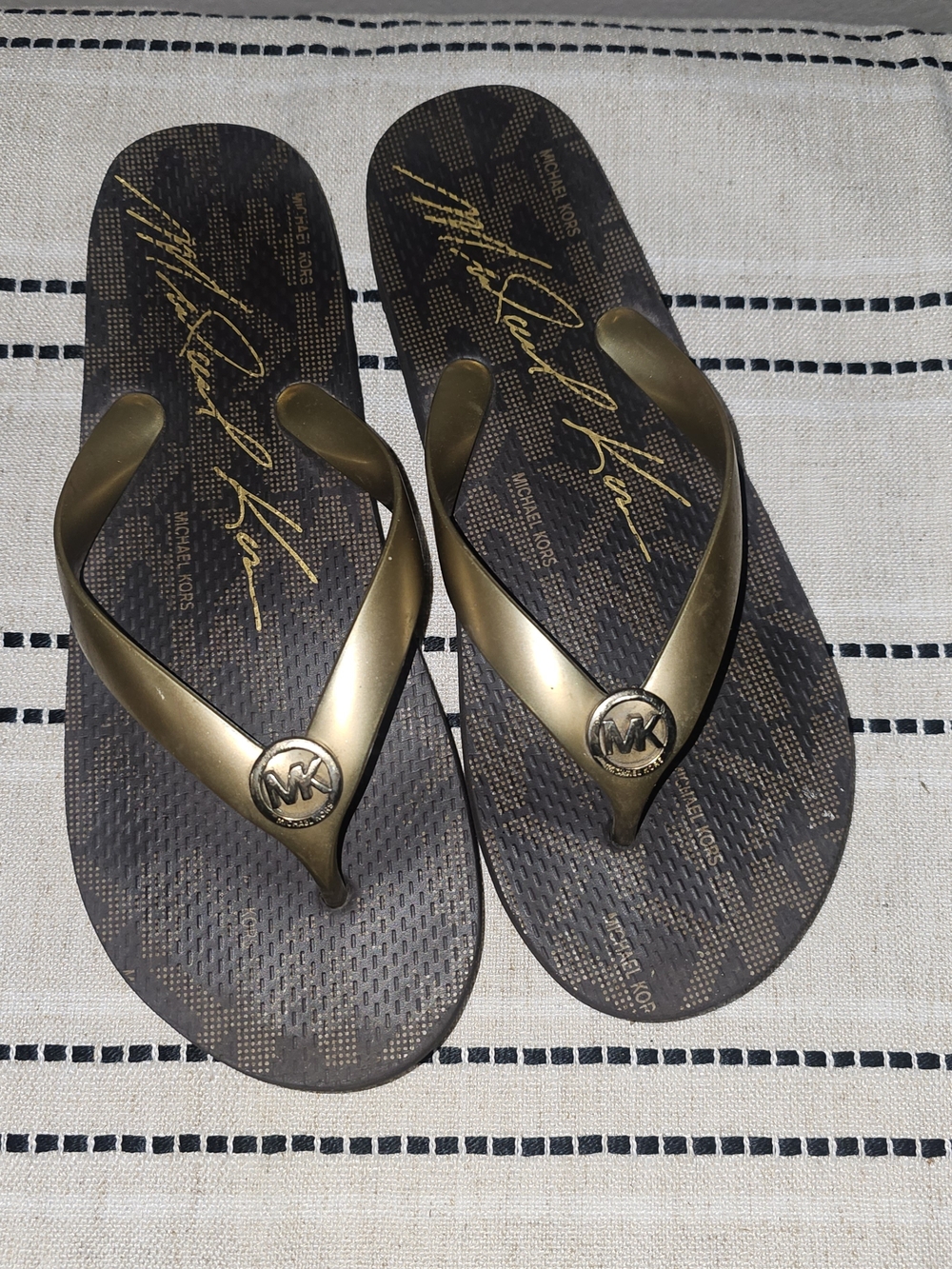 Michael Kors Brown and Gold Logo Flip-Flops